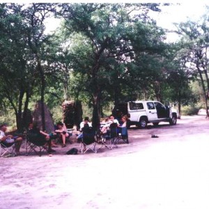 Everyone congregated outside the bathrooms in the only bit of shade in the whole camp and was beset with mopane flies