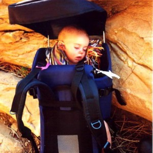 Emma asleep in the backpack after being wide awake when we left - 5 min into the walk and she was asleep all the way up the mountain and down again.
