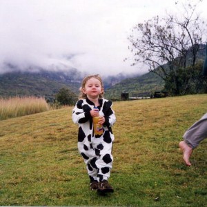 Emma in her cow suit to stop her freezing to death in the mist and rain